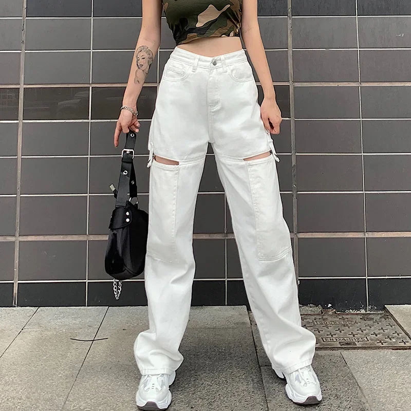 

Women Vintage Boyfriend Style High Waist Mom Wide Leg Jeans Ripped Straight Jean Plus Size Hollow Out Denim Pants Street Trouser