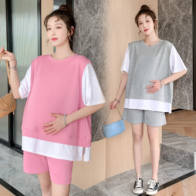 Summer Casual Cotton Patchwork Maternity Clothing Sets Loose Tees Belly Shorts Suits Clothes for Pregnant Women Pregnancy