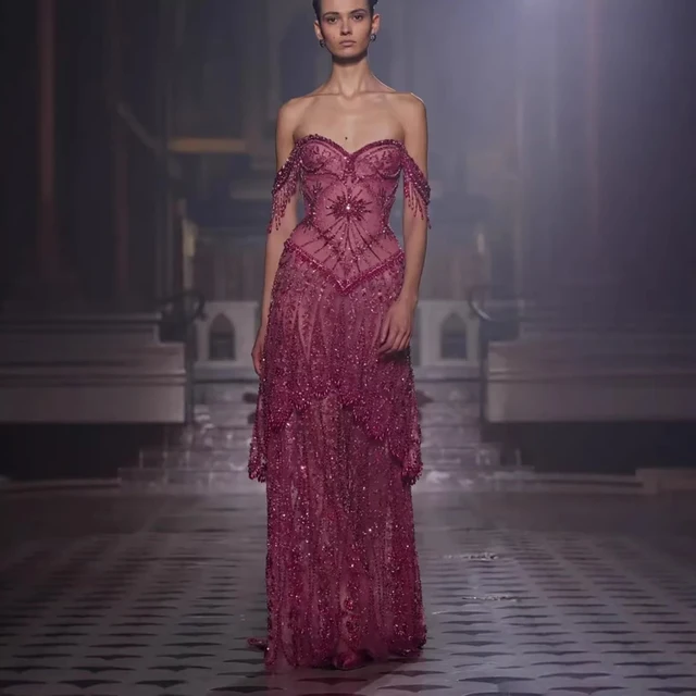 SERENE HILL Lebanon Fashion Fuchsia Arabic Beaded A-Line Evening Gown Formal Occasion Party Dress GLA73594 Customized