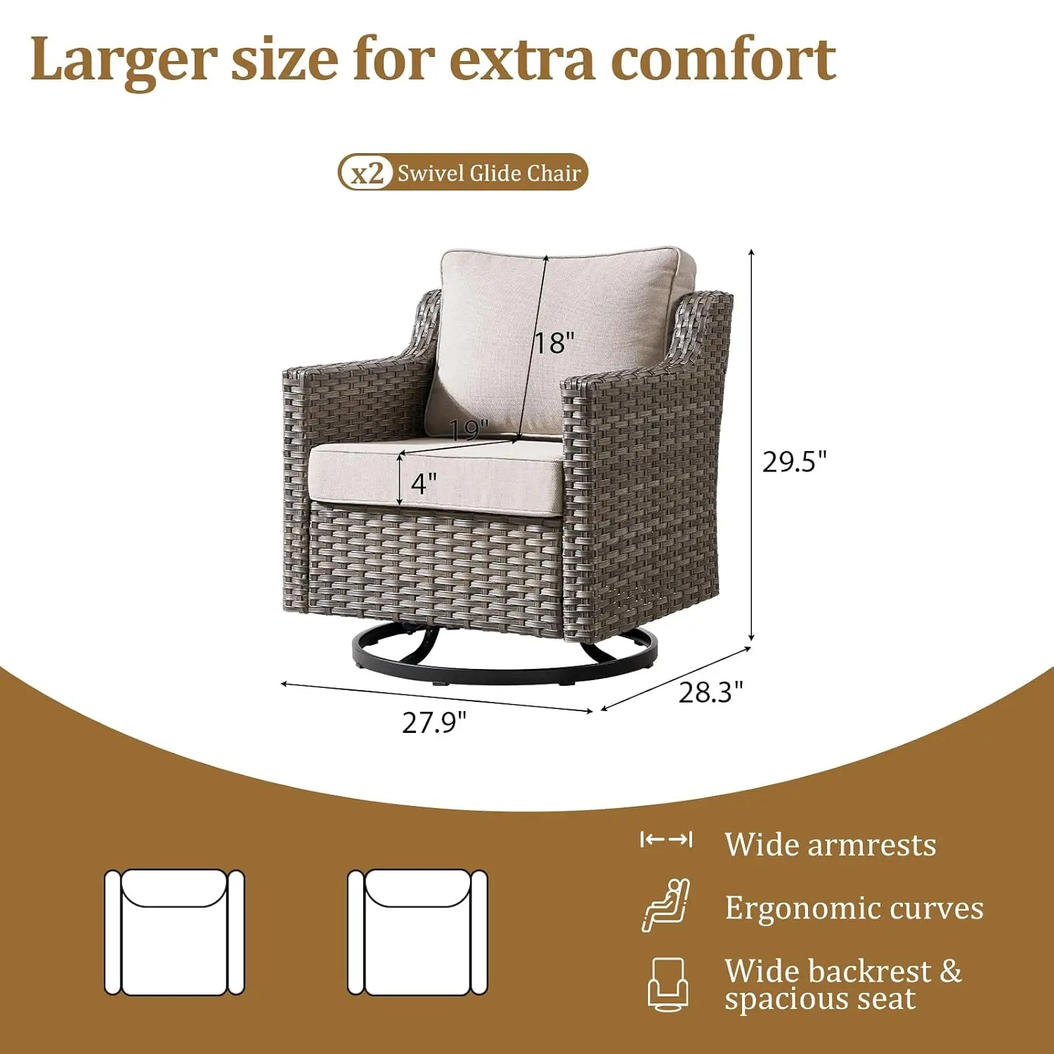 Luxury Patio Furniture Chairs Set - 2 Pieces All Weather Wicker Outdoor Couch and High Back Swivel Rocker Patio, Customized