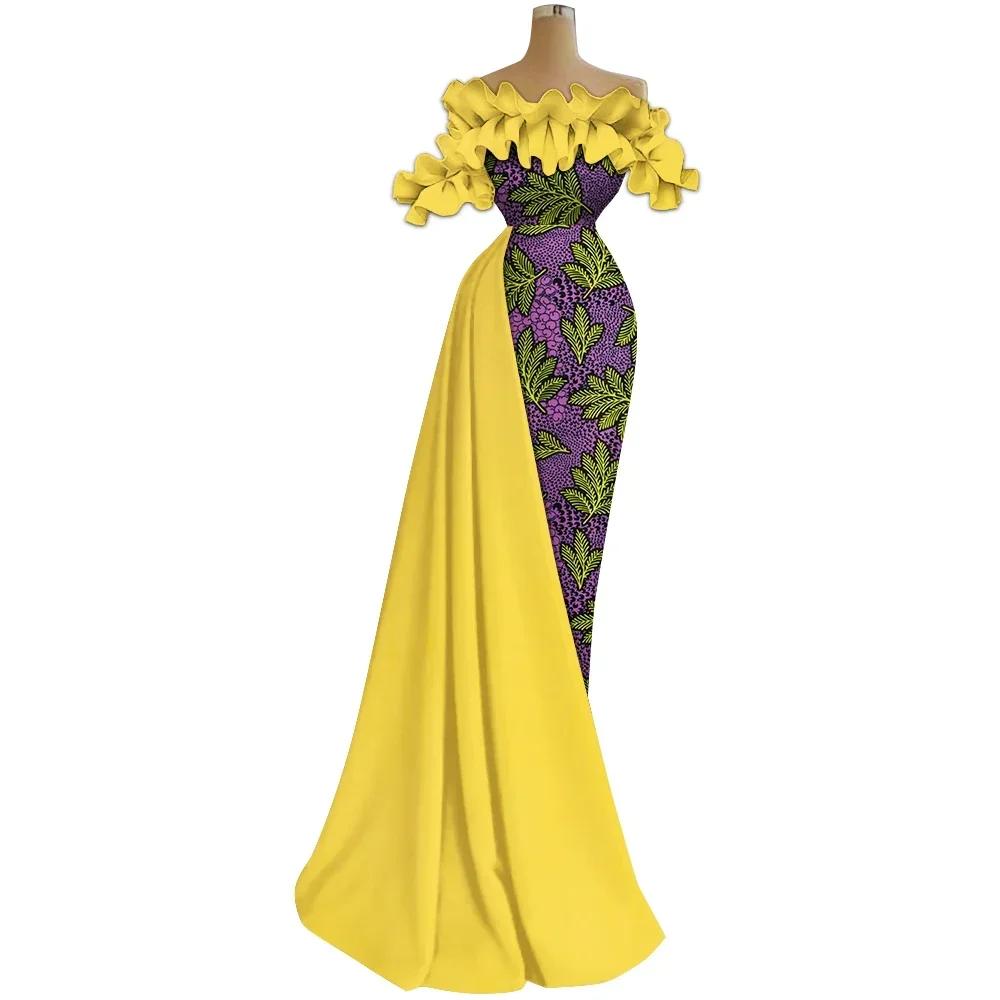 African Clothes Women Wedding One Word Collar Off Shoulder Dashiki Print Long Dresses for Elegant Lady Party Vestidos WY9818