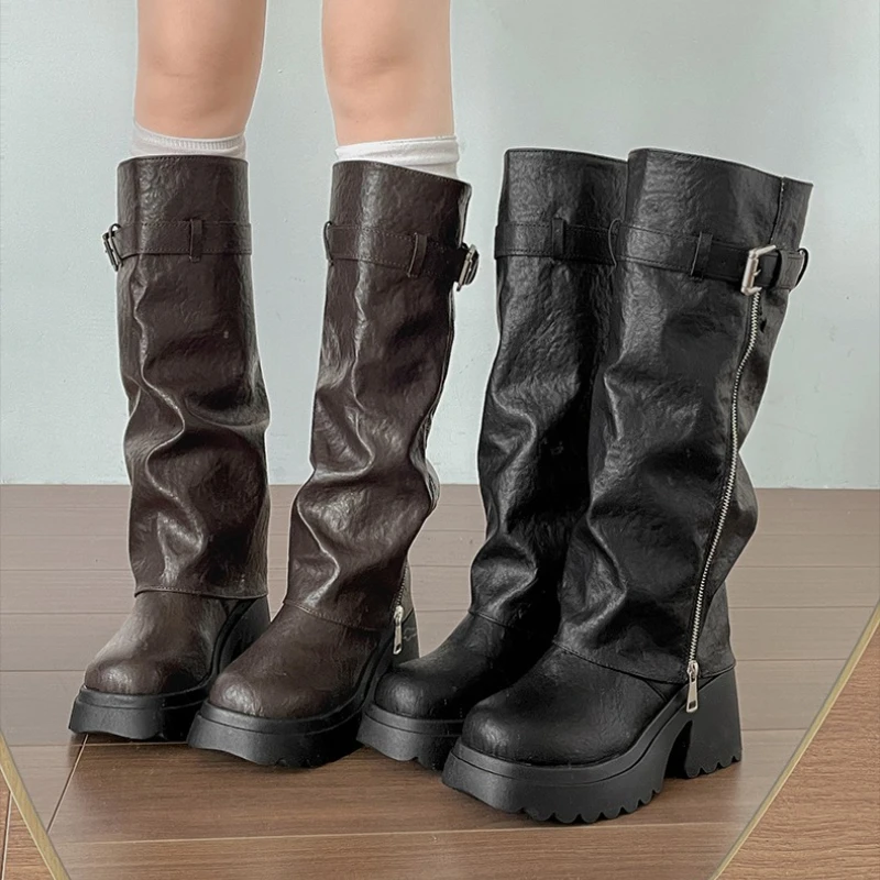 

Platform Thick Sole Women Knight High Boots Fashion Height Increase Shoes Female Vintage Punk Long Booties Zapatos De Muje