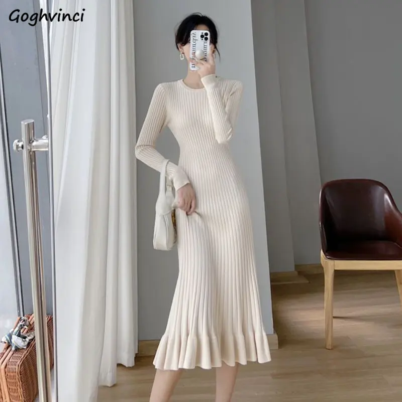 

Knitting Midi Dress Women Ruffles Long Sleeve O-neck Casual Solid Vestidos De Mujer Temperament Autumn Clothing Korean Fashion