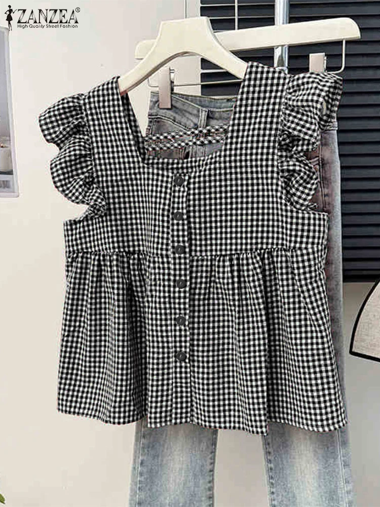 

ZANZEA Fashion Plaid Women Tanks Ruffles Sleeveless Summer Camis Pleated Tops Tee Square Collar Streetwear Blusas Oversize Tunic