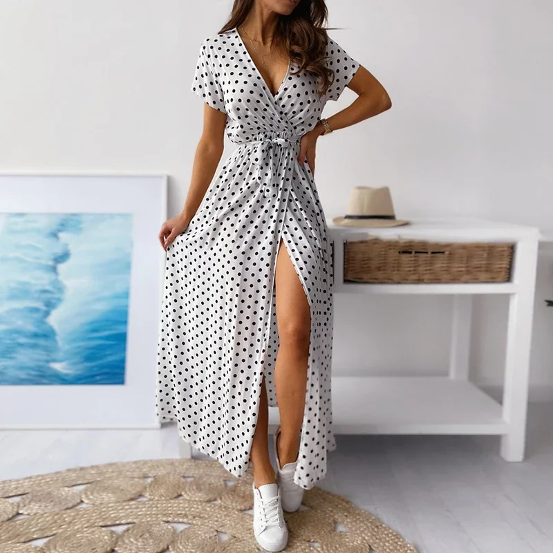 Women Sexy V Neck Short Sleeve Beach Boho Dress Party Dress Printed Short Sleeve 2021 Summer Casual Dot Print Long Dress