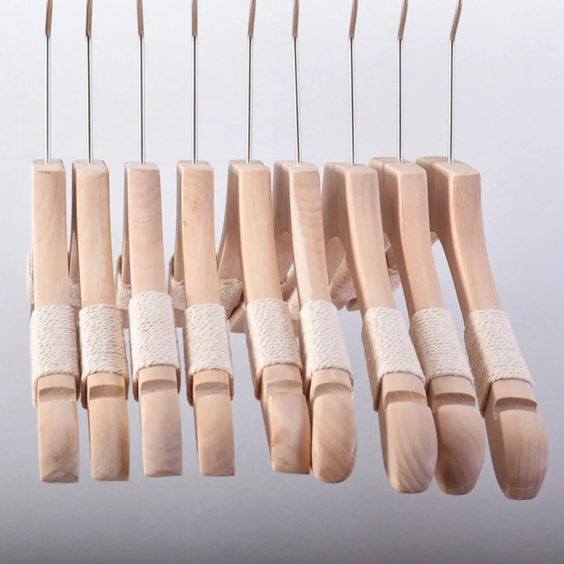 5pcs Solid Wood No Paint Hanger, Natural Wood Tone with Linen Binding Rope, Anti-slip Non-mark Hanger for Women Garment Display