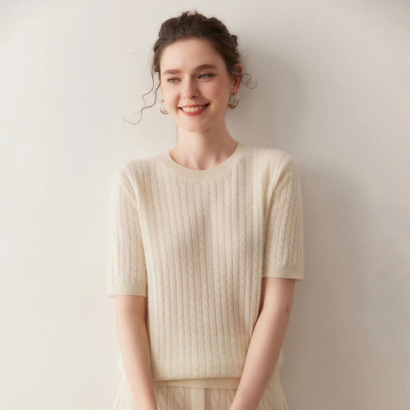 

Women's Cashmere Sweater O-neck T-shirt Twist Flower Short-sleeves Pullover Autumn Winter 100% Cashmere Knitwear Solid Soft Tops