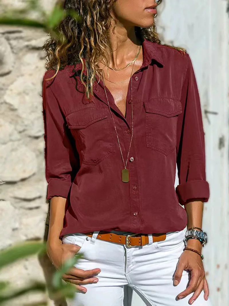 

Womens Fashion V Neck Shirts Long Sleeve Tops Pockets Design Blusas Turn Down Collar Shirts Solid Colors Femininas Fashion M6GR