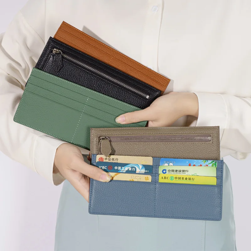 Western Super Thin Cowhide Leather Long Multi Cards Women Wallet Fashion Genuine Leather Zipper Design Wallet for Ladies
