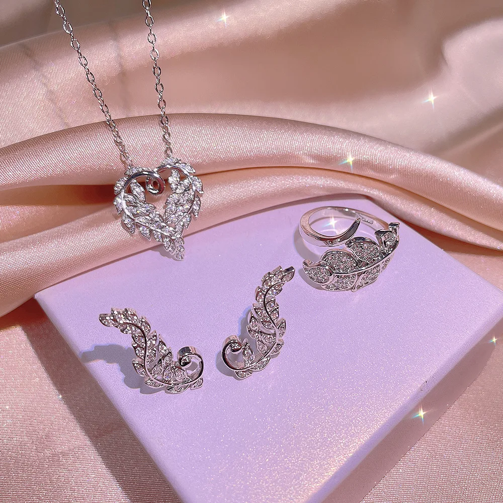 925 Silver Micro zircon Earrings Necklace Leaf Love Heart Zircon Ring Feminine Fashion Three-piece Set Party Birthday Jewelry