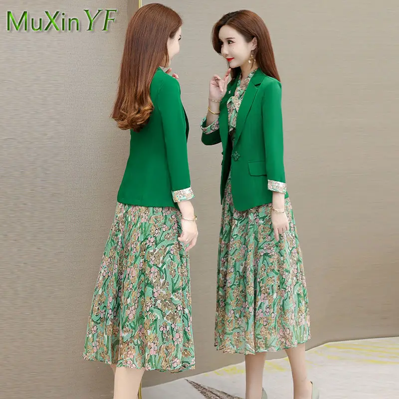 2024 Spring Summer New Casual Blazers Jacket Matching Set Women Elegant Floral Suit Coat Dress Two-piece Female Chic Clothing