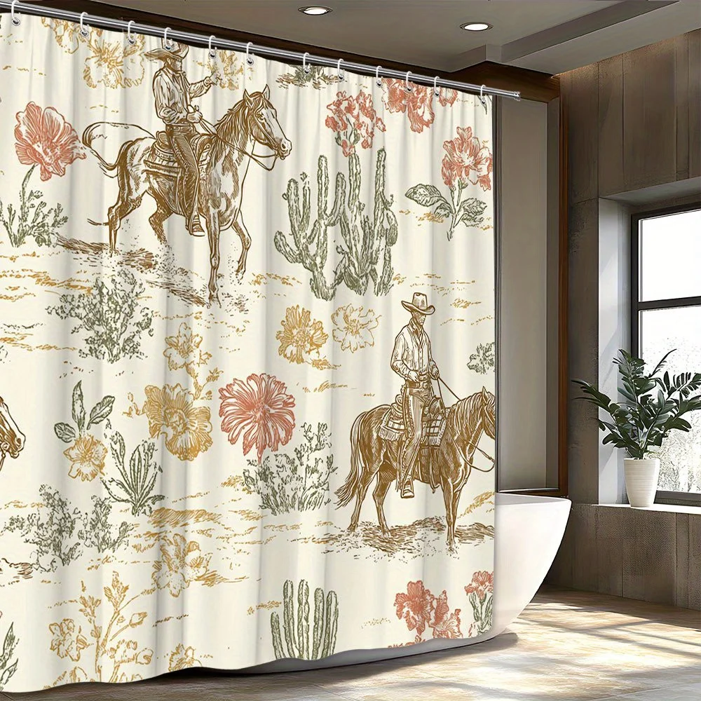 

Винтажная джинсовая занавеска для душа в стиле вестерн, кактус, пустынный цветочный дизайн с 12 крючками, декоративная занавеска для душа в стиле кантри для ванной комнаты