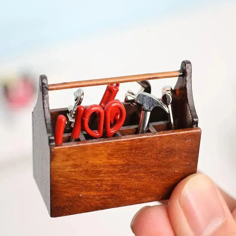 1Set New House Accessories Miniature Desktop Decoration Miniature Wood Toolbox Handmade Tools Sets