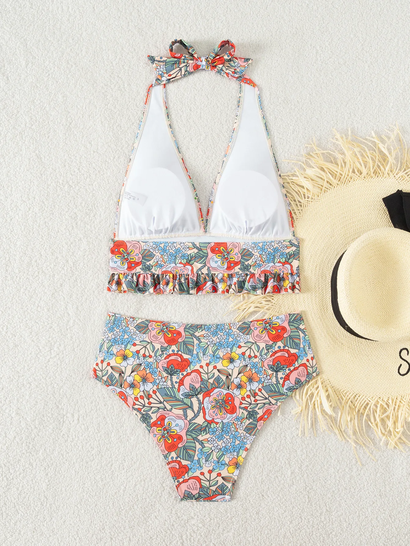 sexy flower print halter tie ruffles bikinis sets two pieces wrinkled high waist swimsuits bathing suit swimwear biquini tankini