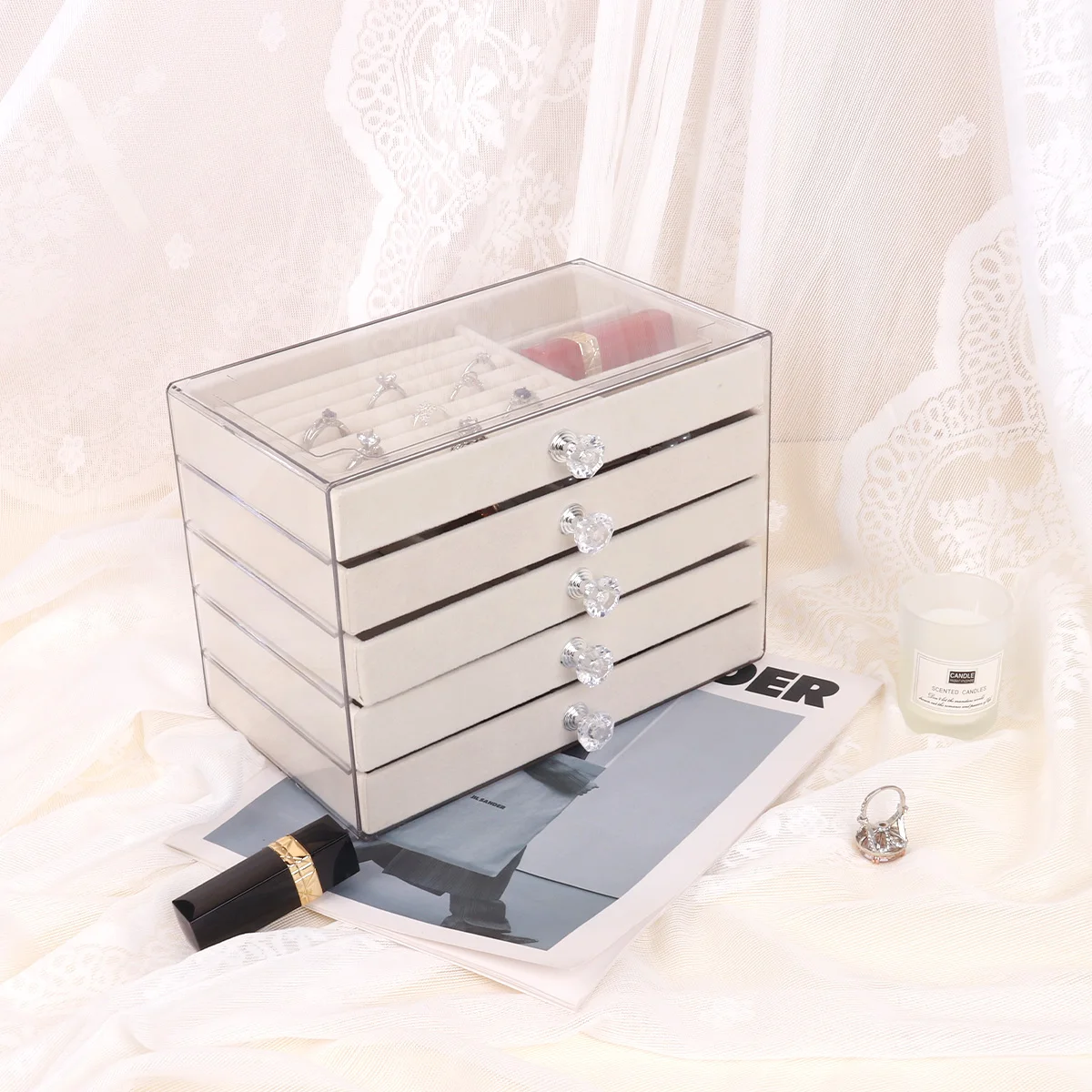 

5 Layers of Velvet Jewellery Organiser Drawer Velvet Jewelry Box Earrings Bracelet Organizer Jewelry Display Box
