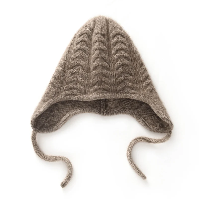 Autumn and Winter New 100% Cashmere Hat for Women, Thickened, Warm, Cold-Proof, Knitted Wool, Head Wrap, Ear Protection Hat