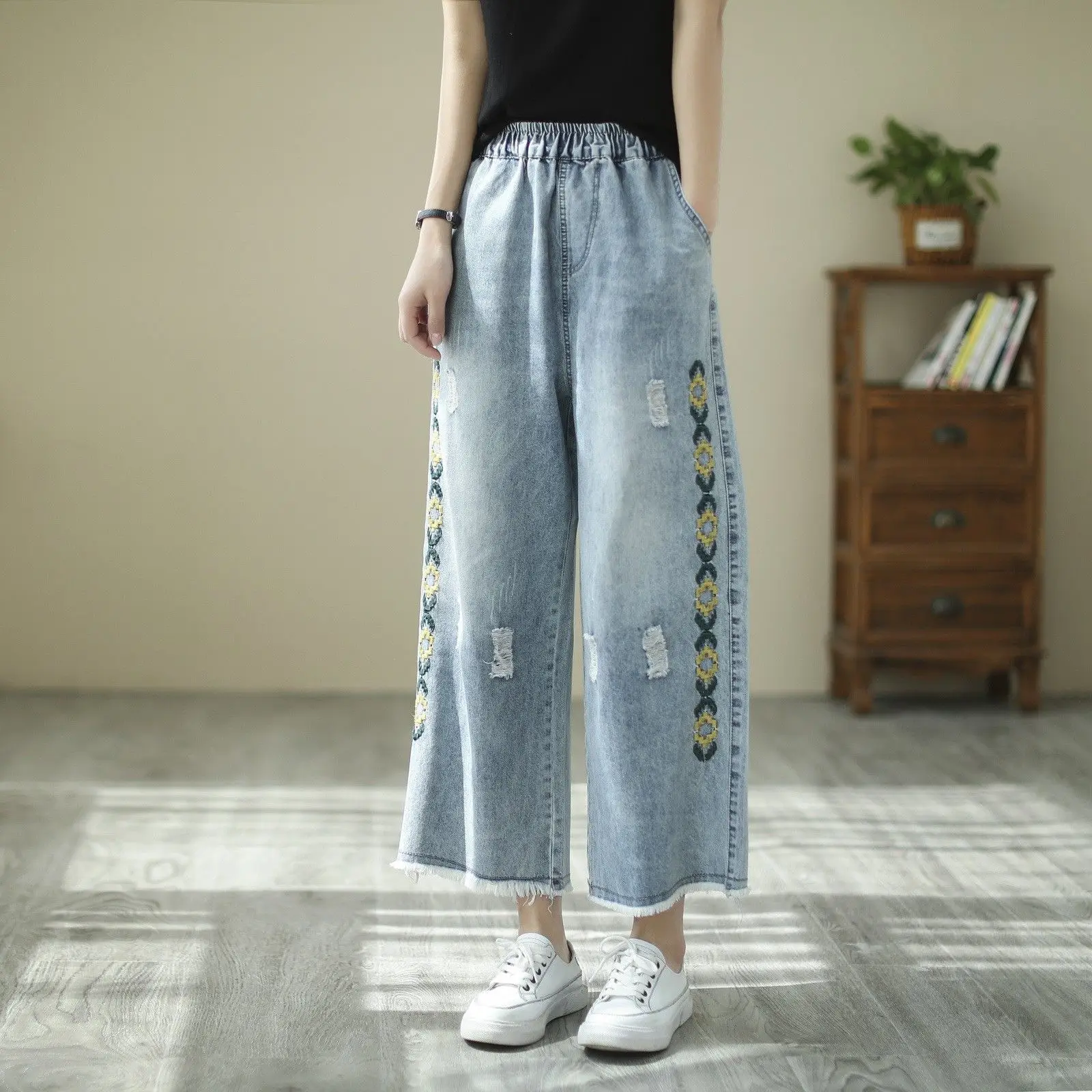 

Широкие джинсы с высокой талией в стиле ретро, женские летние новые винтажные длинные брюки с цветочной вышивкой, длинные брюки из хлопка, формальные брюки больших размеров