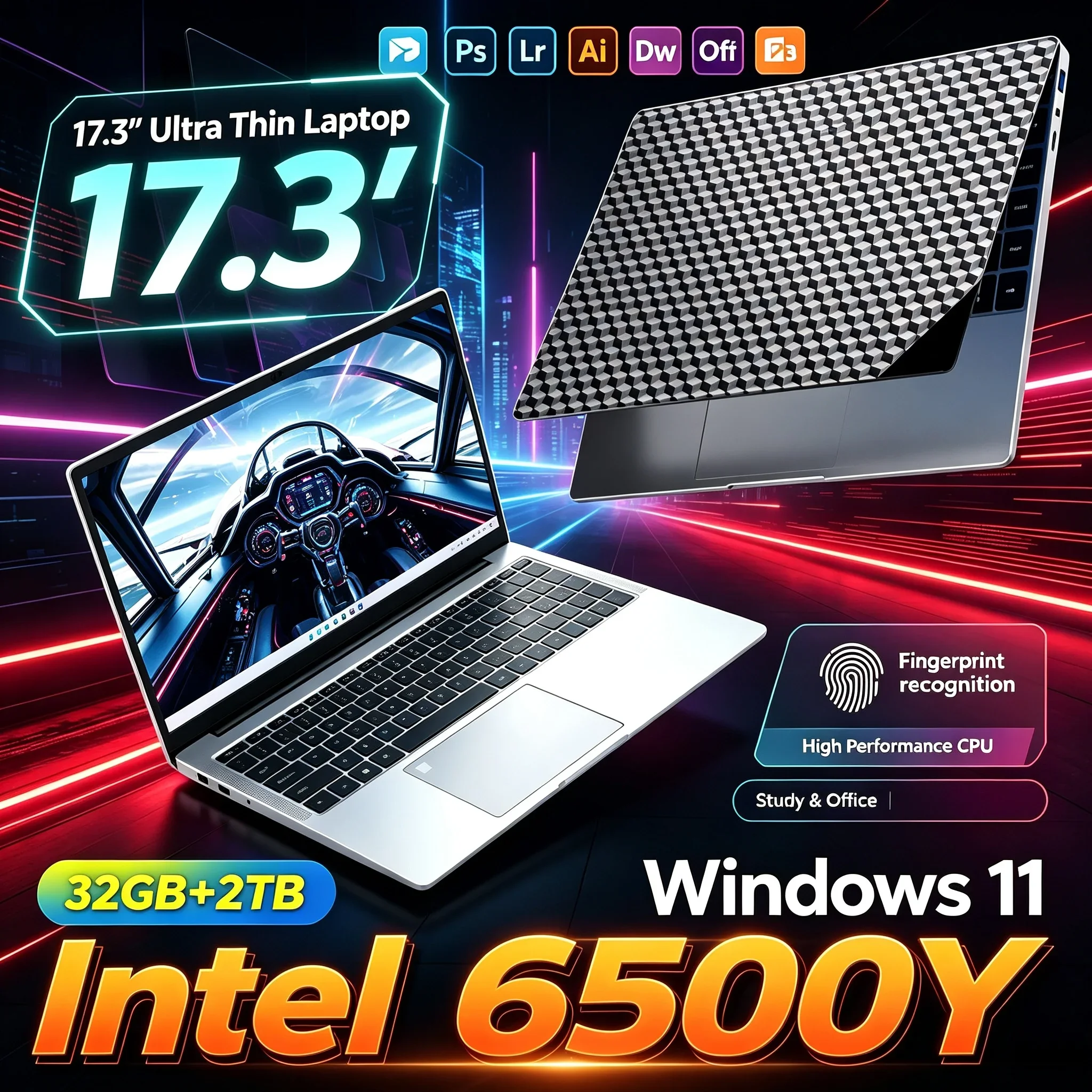 17.3'' HD Portable Large Display Notebook Intel 6500Y 32GB RAM 1TB 2TB SSD Win11 WiFi6 BT5.2 Laptop For Daily Office & Learning