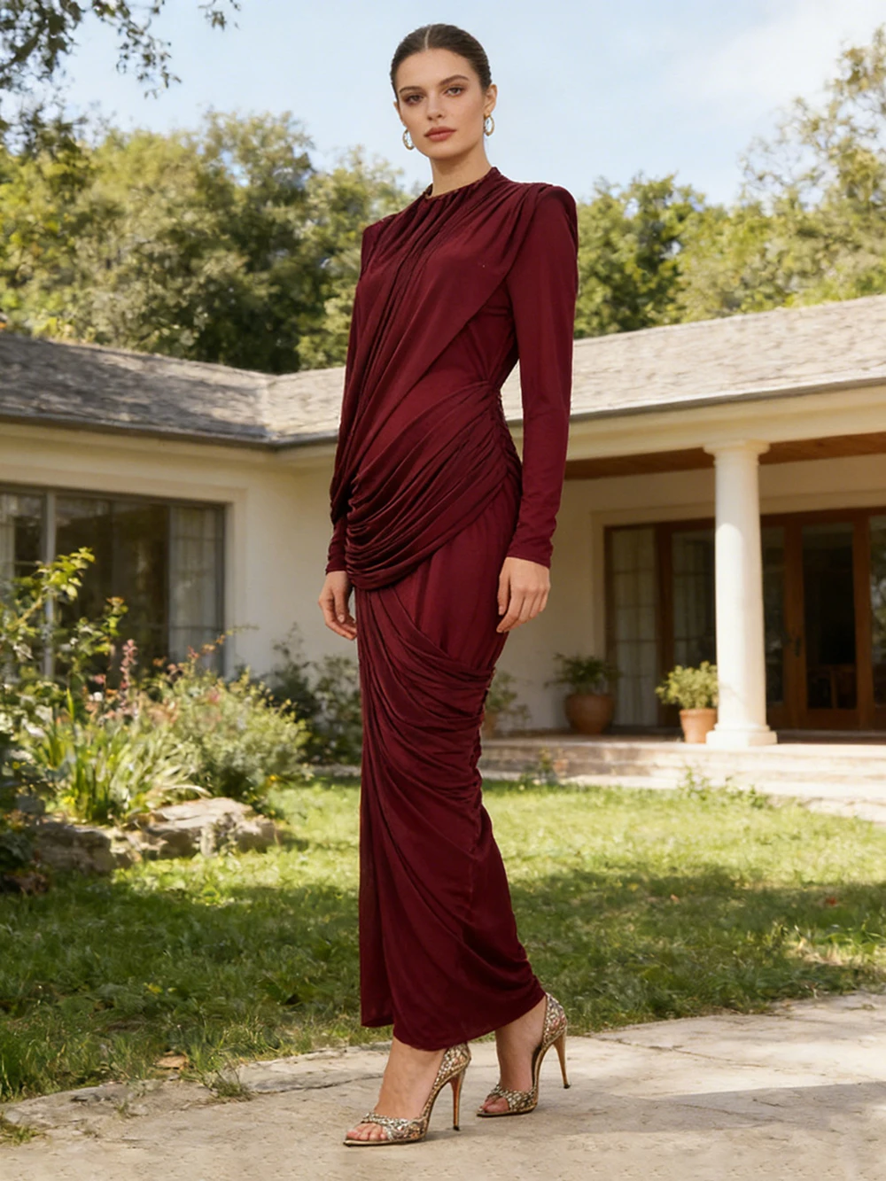 

Элегантное ретро-стиль 2026, весеннее новое плиссированное платье для похудения и похудения с высокой талией и круглым вырезом, однотонное платье для женщин