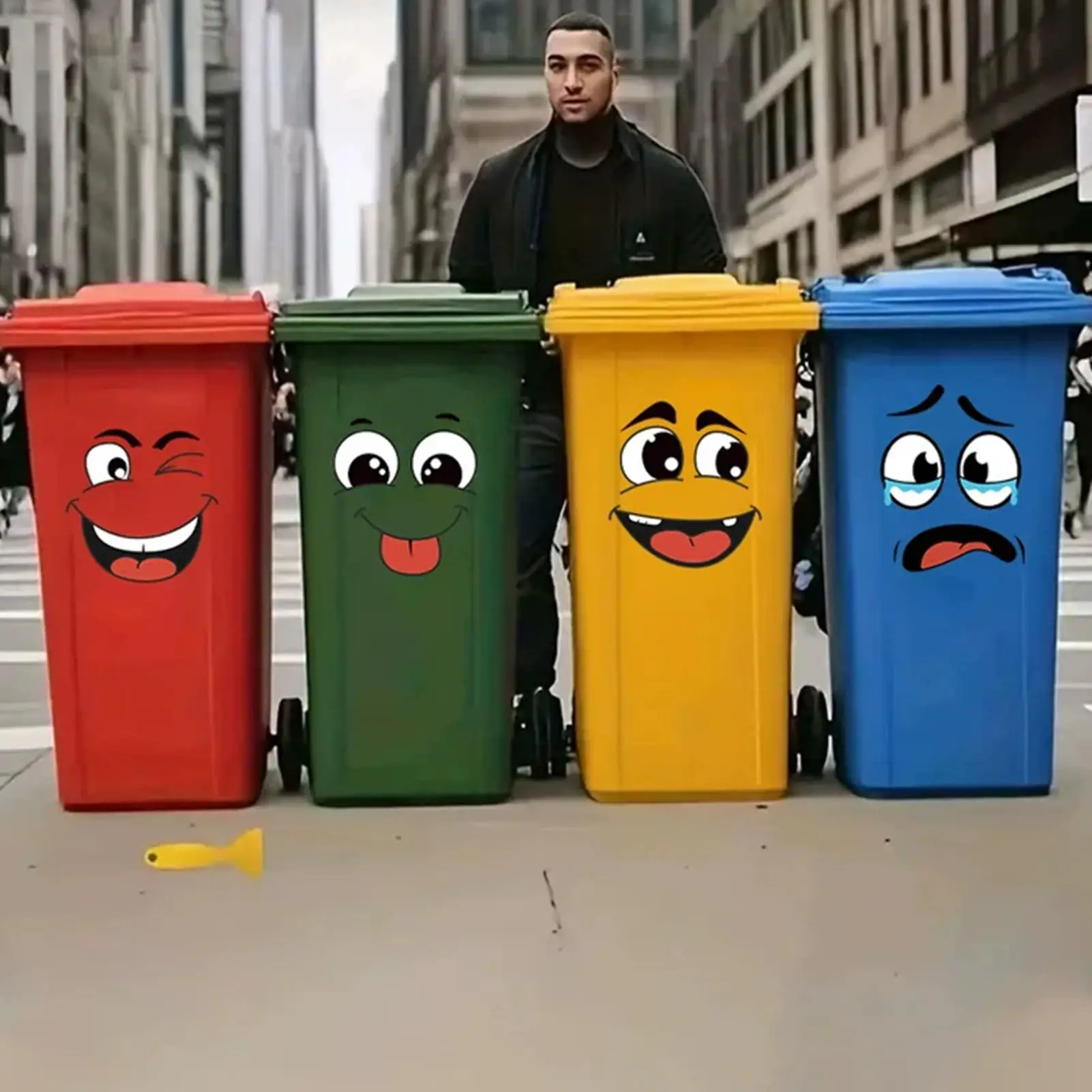 Trash Can Stickers 4-Piece Adhesive Cartoon Expressions Decals Funny Trash Garbage Can Stickers for Indoor Outdoor Fridge Wall
