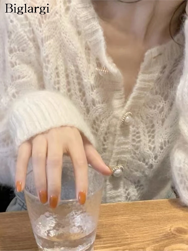 

Hollow Out Knitted Cardigan Coat Women Elegant Fluffy Sweater Ladies Tops Autumn Long Sleeve Knit Woman Cardigans