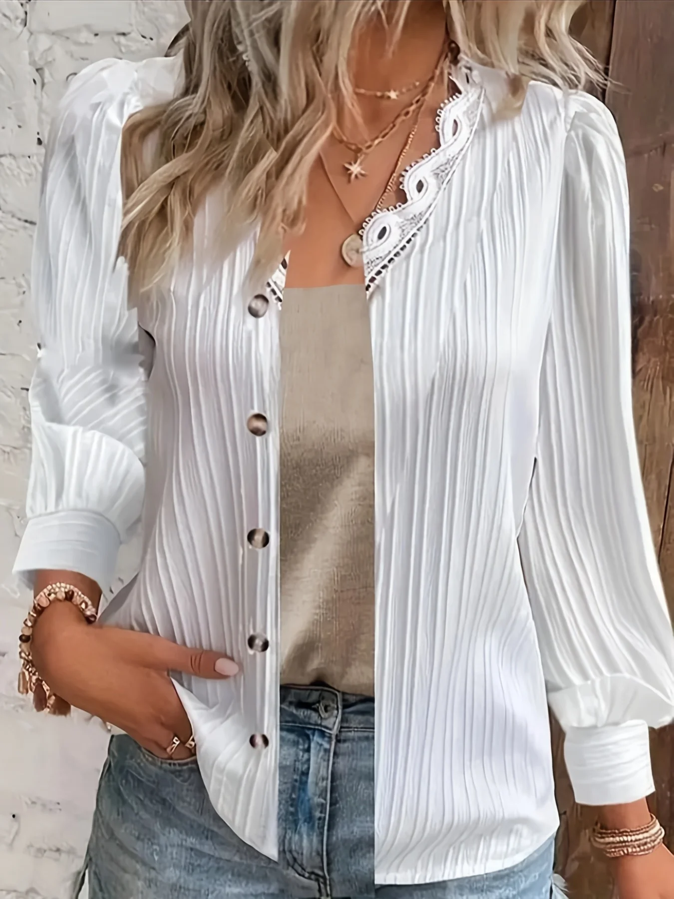 Plus Size Elegant Blouse, Women\'s Plus Solid Ribbed Contrast Lace Trim Long Sleeve V Neck Shirt Top