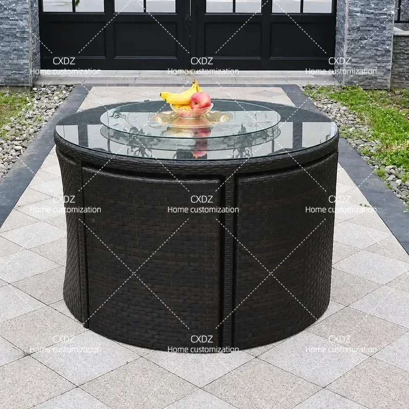 Outdoor Rattan Table and Chair Set Waterproof Sunscreen Garden Balcony Furniture with Storage Leisure Patio Dining Group