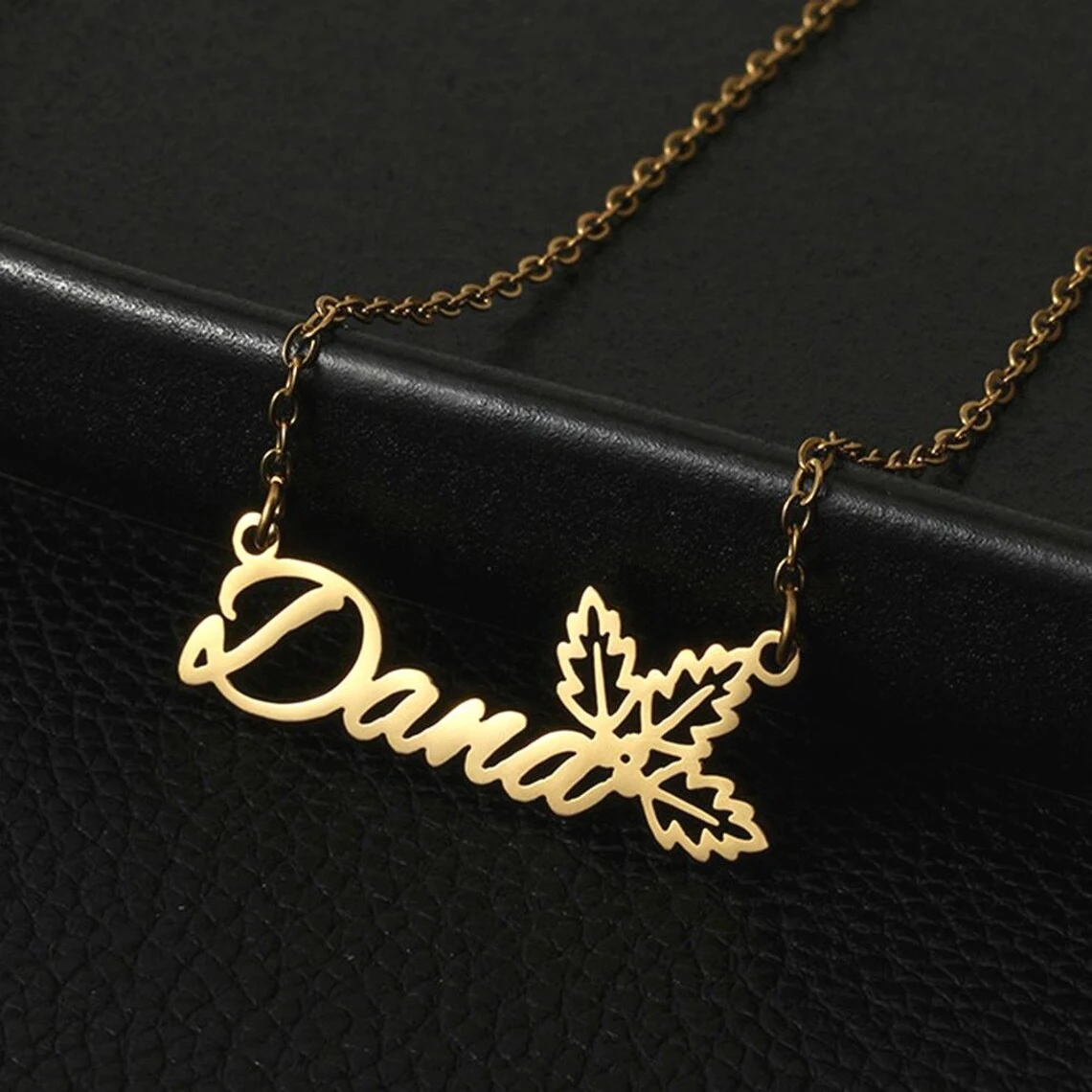 Uzone Personalized Custom Name Necklace with Maple Leaf for Women Kids Stainless Steel Monogram Pendant Necklace Jewelry Gift