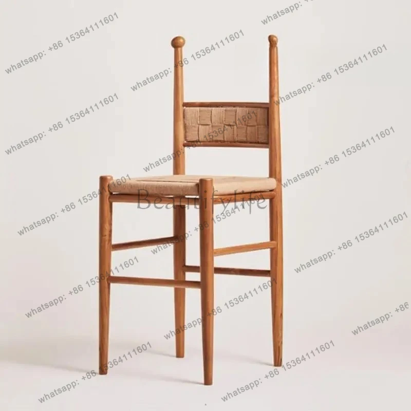 

Ретро веревочный плетеный барный стул из цельного дерева, средневековый домашний стульчик со спинкой, простой дизайнерский модный стул для проживания в семье