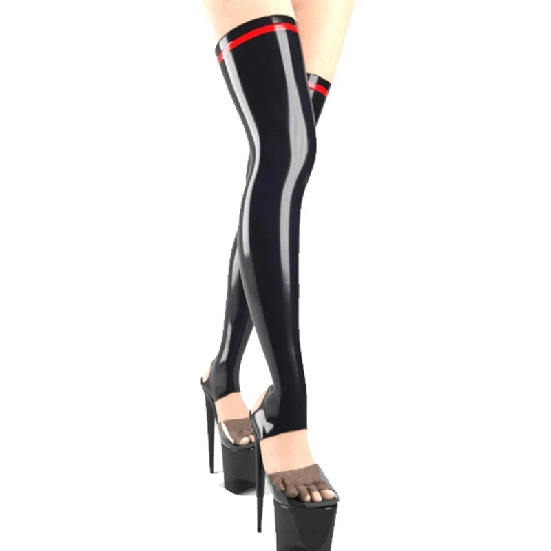 Sexy Long Latex Stockings Balck with Red Rubber Fetish Thigh Socks Open Feet for Women Wear