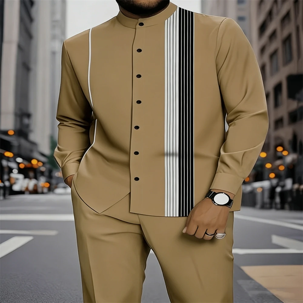 Men 2 Piece Outfit Stand Collar Long Sleeve Shirt & Pants Vertical Stripe Print Patchwork Suit Men Casual Business Party Set