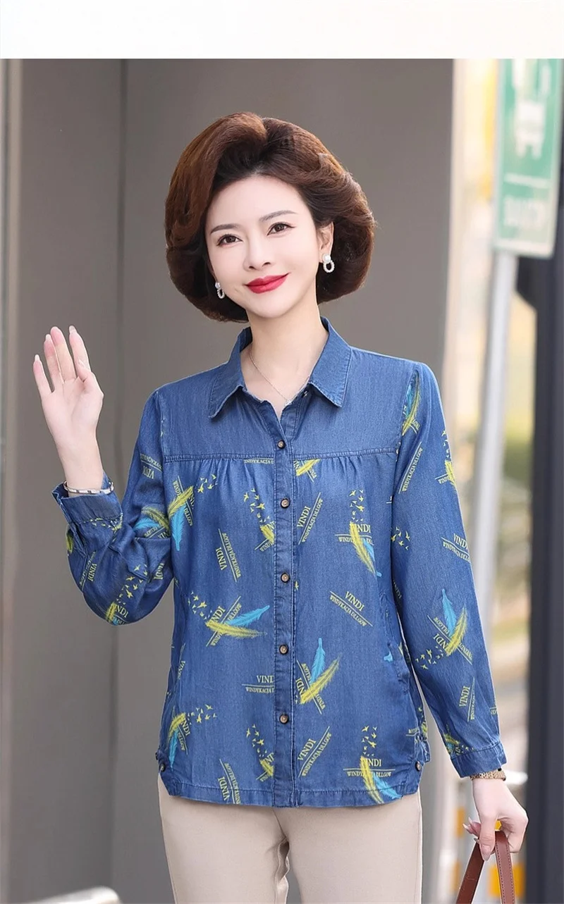 

Spring Denim Cotton Printed Shirt Jacket 2025 New Item for Middle-aged And Elderly Women, Spring and Autumn Long Sleeved Cardiga