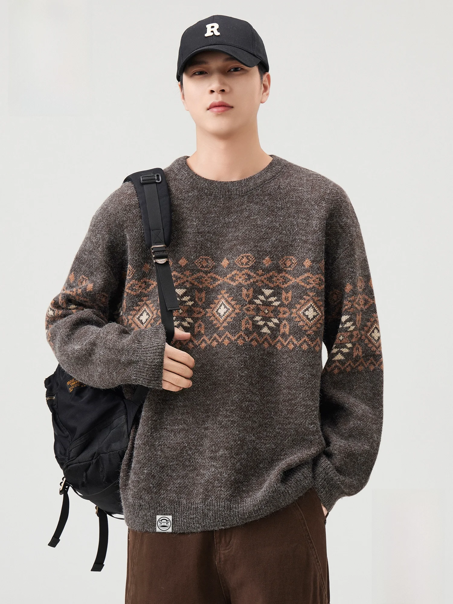 

PaulFrank M Fair Isle Knitted Sweater round Ne Casual Faion Warm Winter Top Big Mouth Monkey Design Color Blo Knitwear