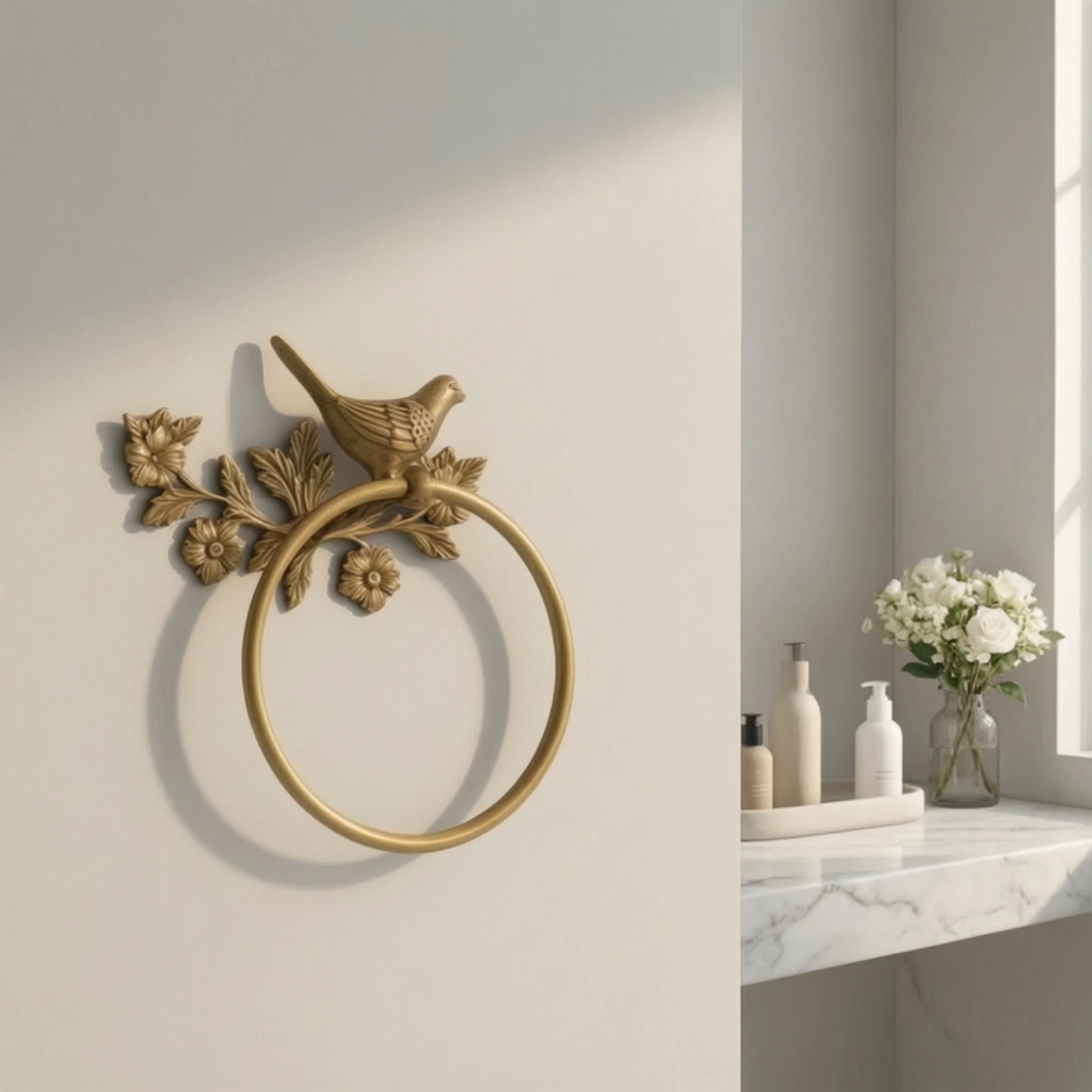 Towel Holder with Bird and Floral Motif Wall-Mounted Towel Loop with Floral Design Hardware Nature-Inspired Decorative