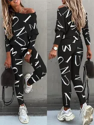 Autumn New Women's Fashion Letter Print Sexy Off Shoulder Long Sleeved Leggings Long Pants Casual Comfortable Two-piece Set
