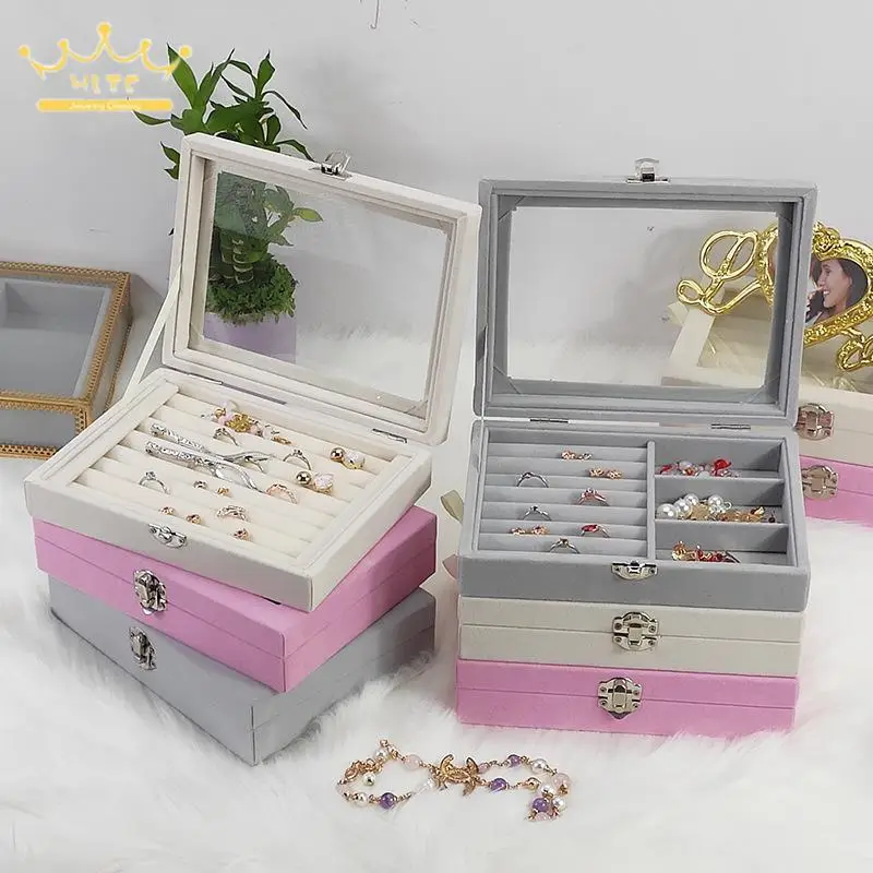 Rings/earrings Organizer Tray with Clear Lid Velvet Drawer Insert Jewelry Storage Box Bracelet Brooch Cufflinks Packaging Case