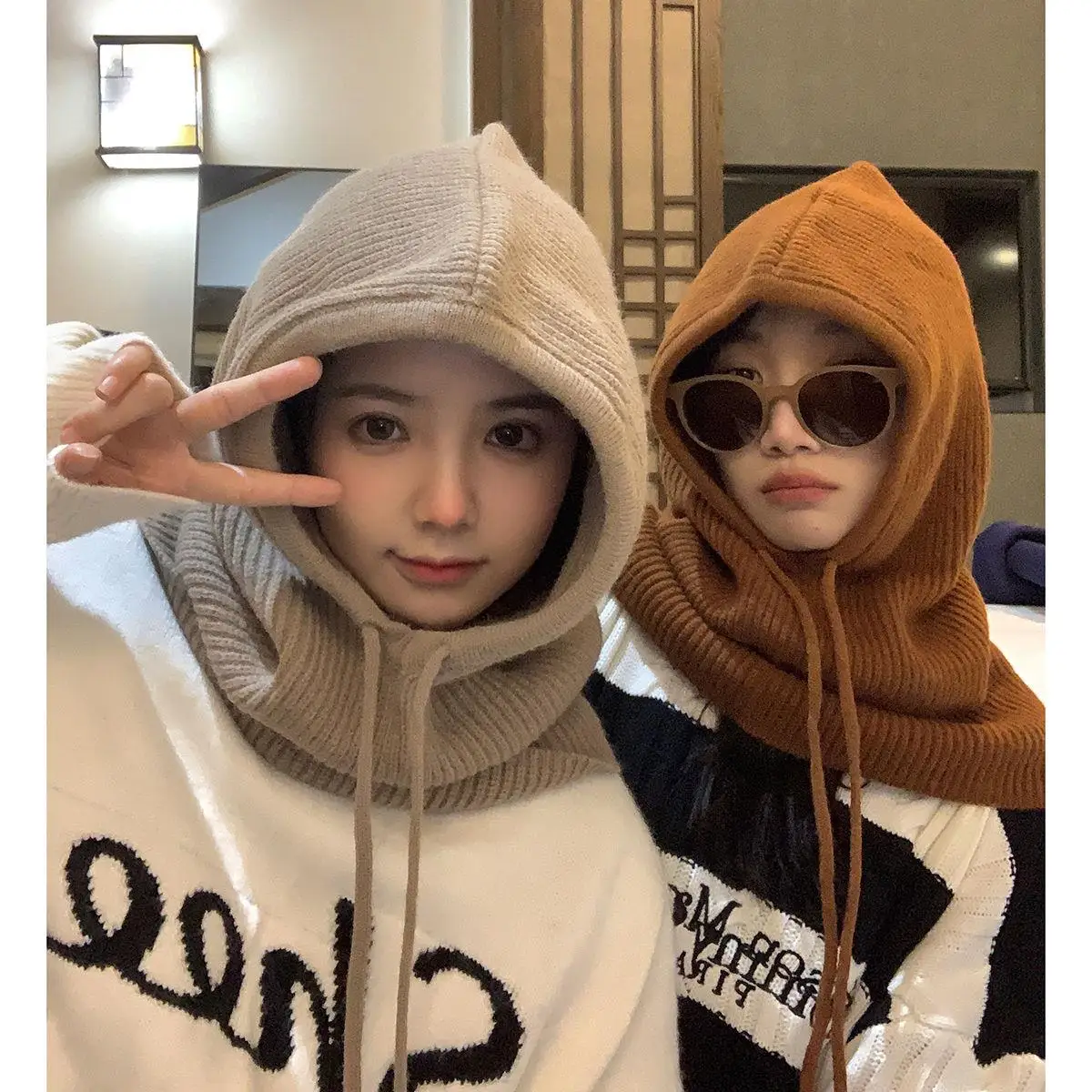 

Knitted Hooded Caps Balaclava Hats Women Korean Style Outdoor Warmer Drawstring Hats Winter One-piece Neck Collar Beanies Cap