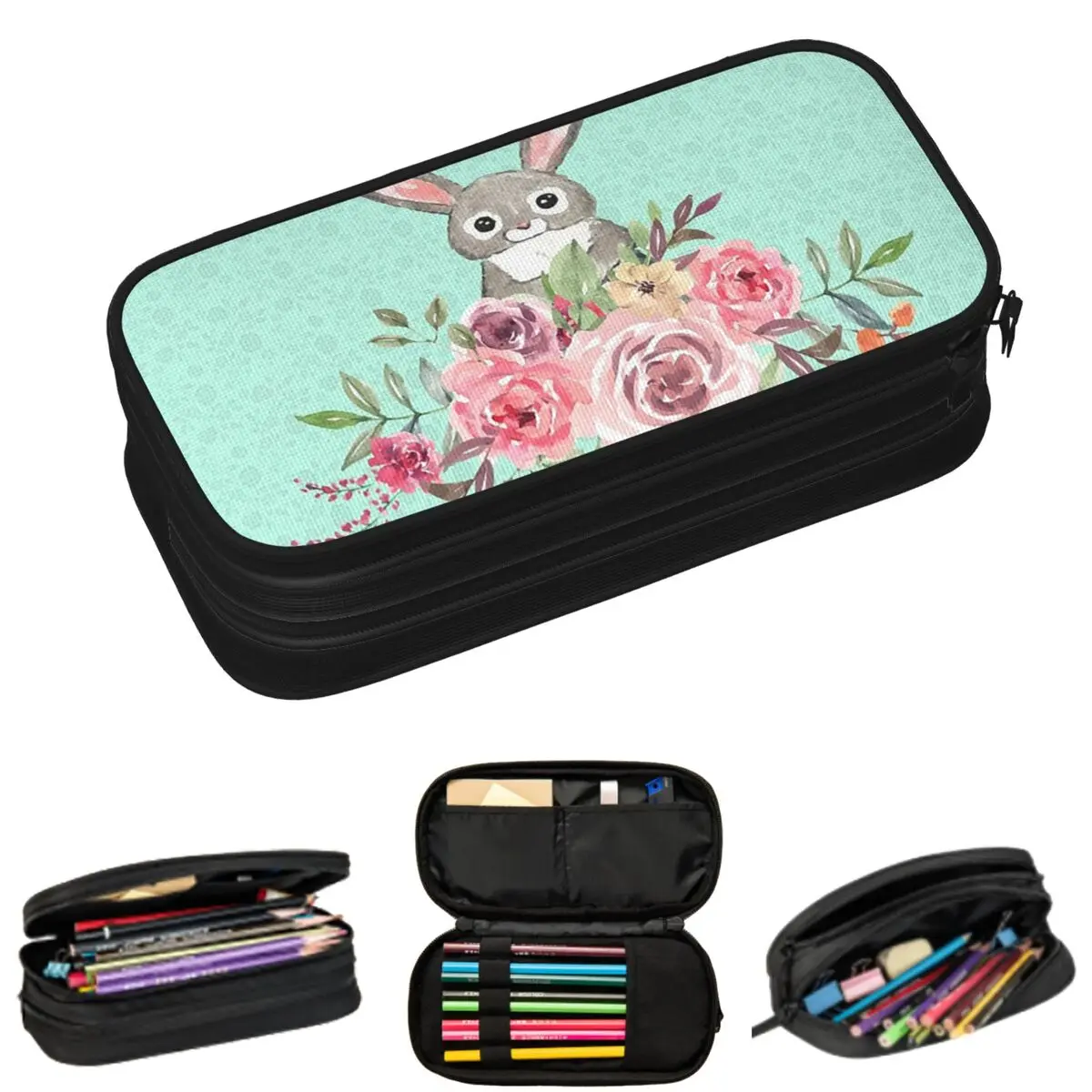 

Pink Cute Bunny Rabbit With Floral Pencil Cases for Student Gifts Pen Box Pencil Bag Large Capacity Pencil Pouch