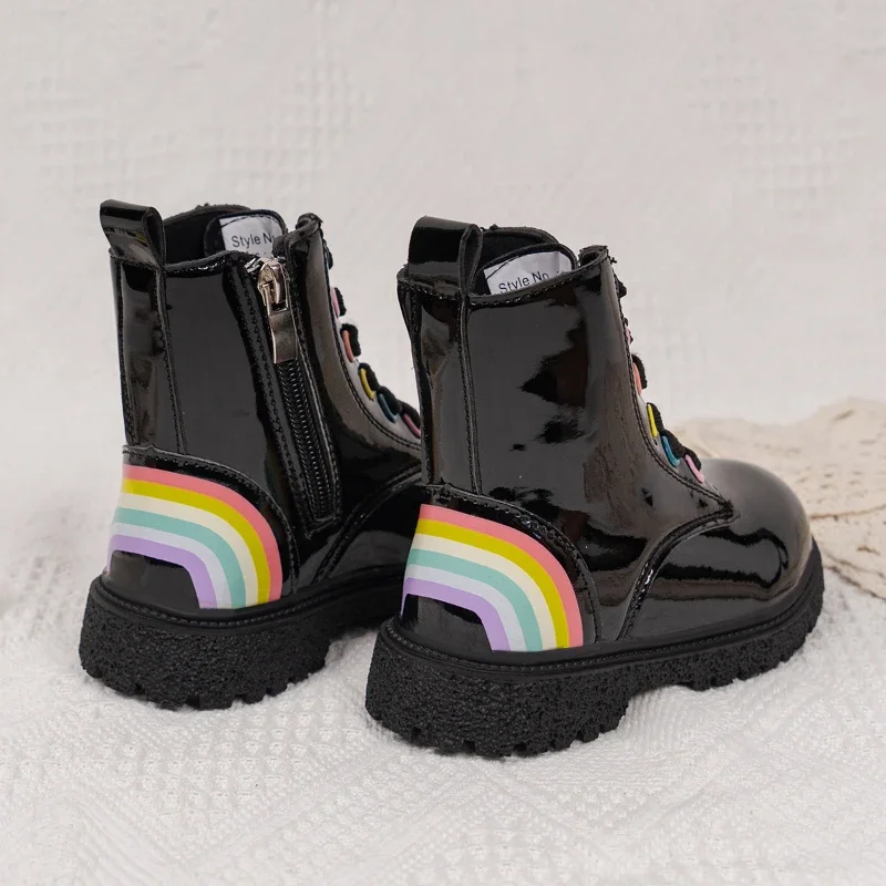 Kids Fashion Ankle Boots for Boys Girls Autumn Winter New Rainbow Color Rubber Boots Zipper Children Boots Black Glossy Leather