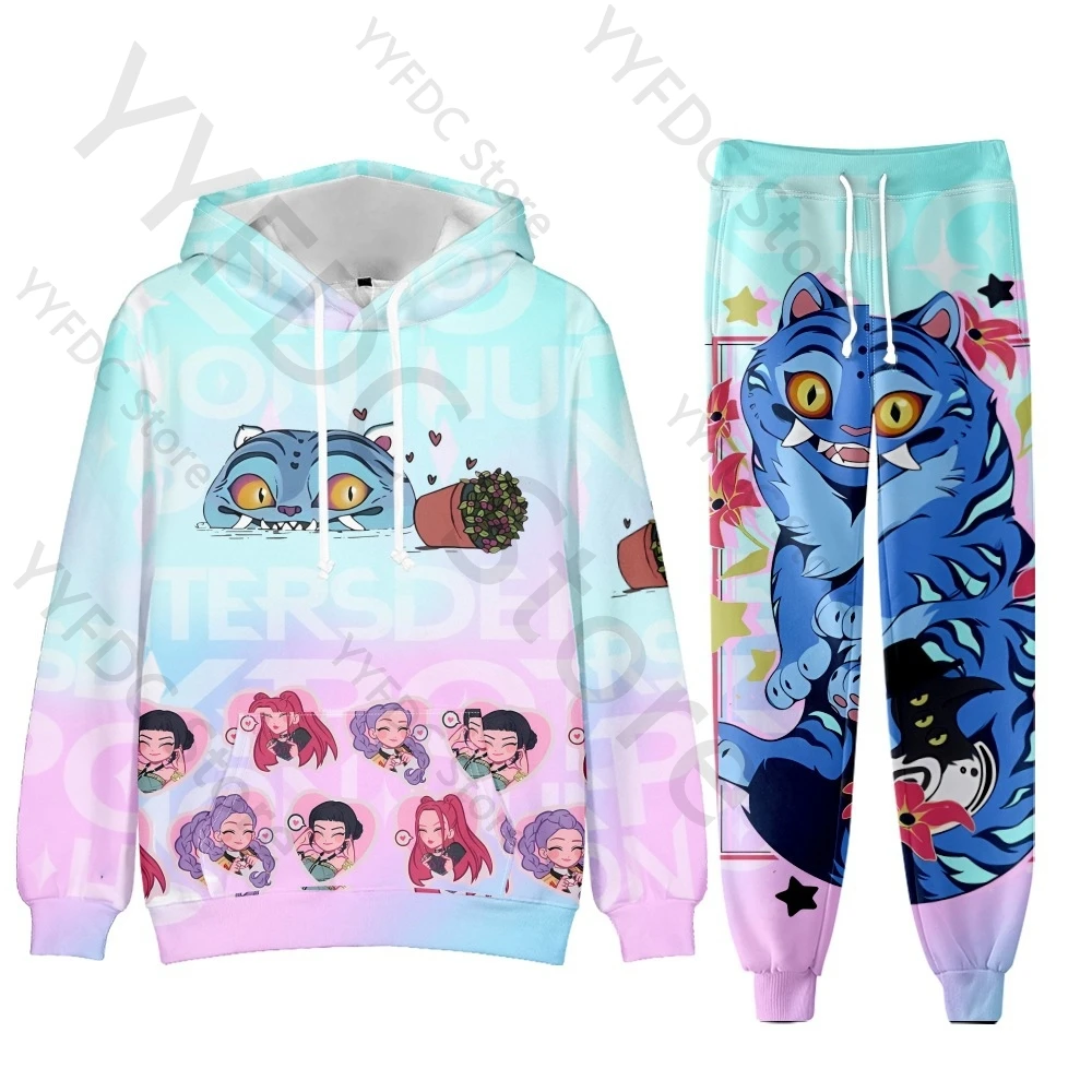 

KPop Demon Hunters Hoodie Sweatpants Fashion Cartoon HUNTR/X Rumi Mira Zoey Derpy Saja Boys Jinu 3D Print Sweatshirt Sport Suit
