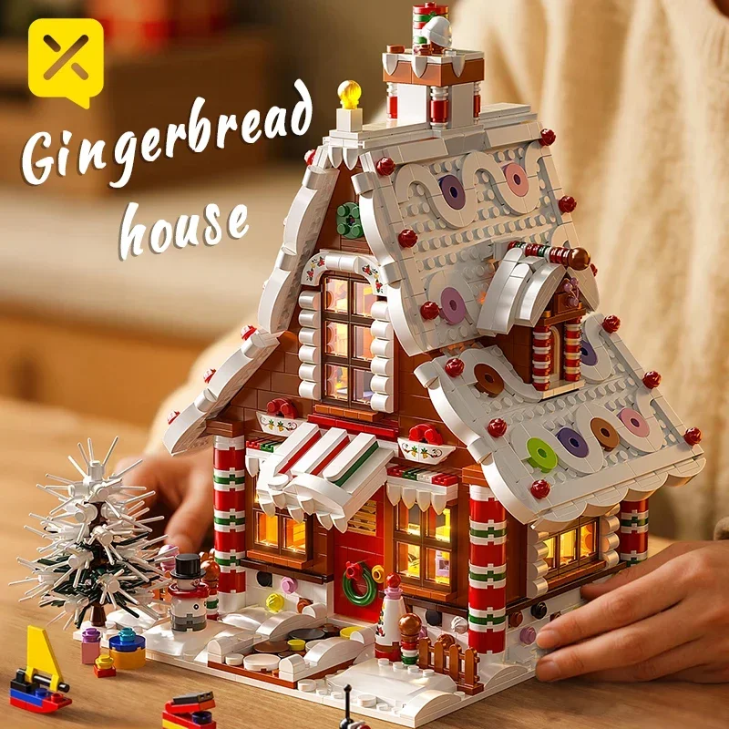 مكعبات بناء منزل خبز الزنجبيل لعيد الميلاد مع أضواء LED كوخ احتفالي DIY لعبة تجميع هدية للأطفال والكبار #5