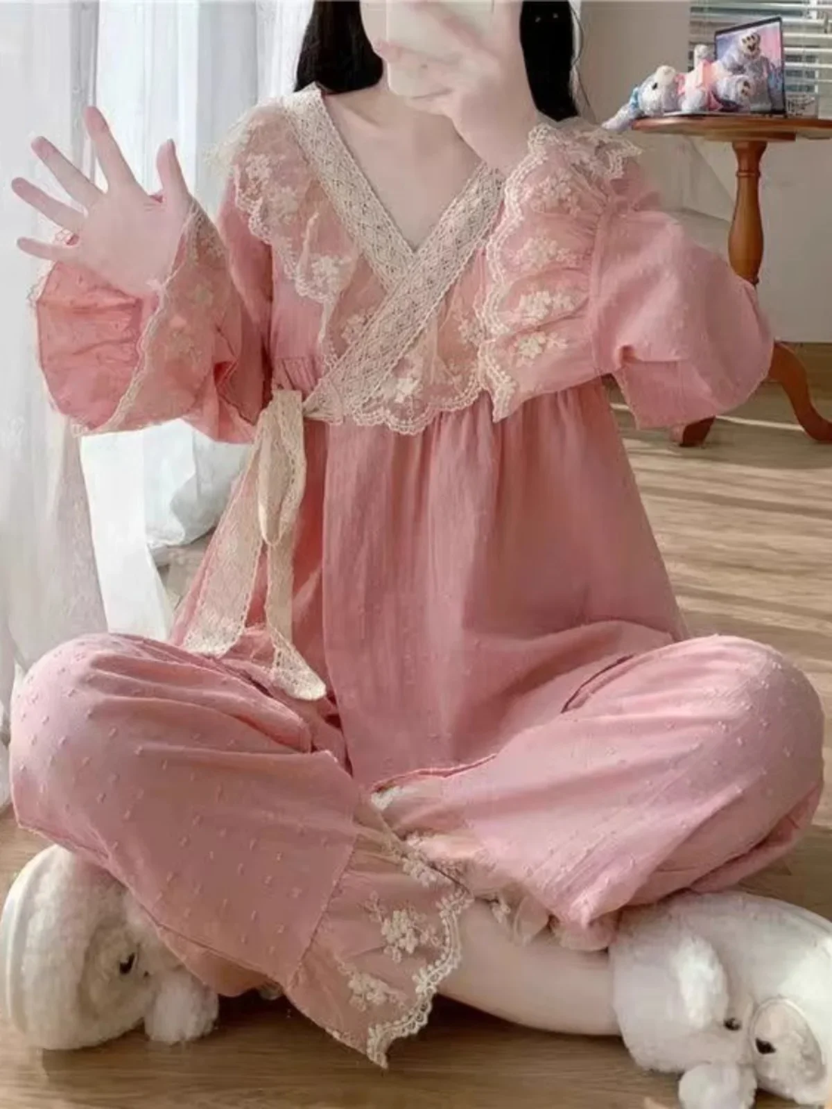 Japanese Sexy Sleepwear Women Spring Autumn 2024 New Princess Nightgowns Court Style Lace Pyjamas Pajamas Set