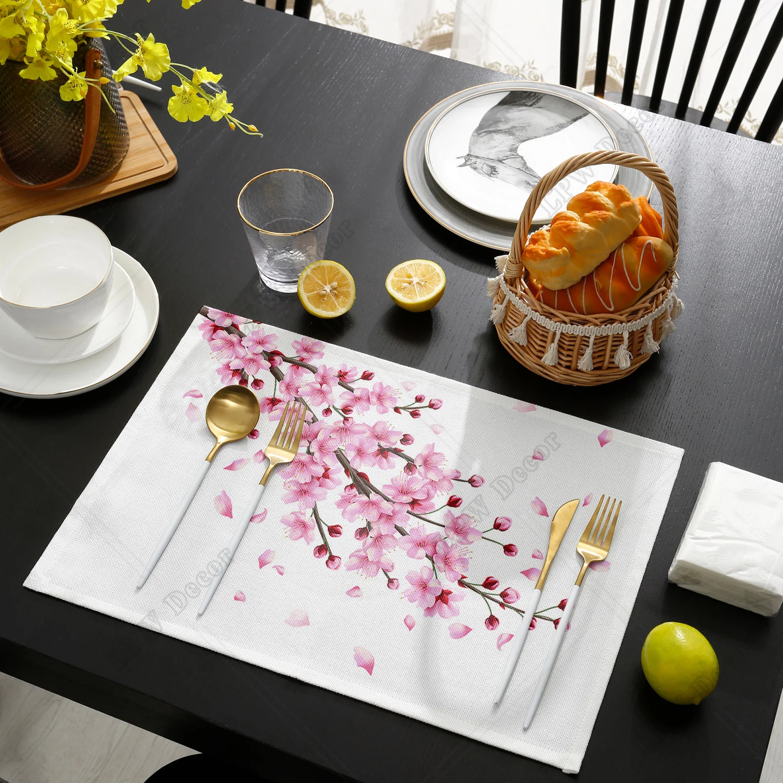 Spring Cherry Blossom Branch Pink Flower White Placemat Wedding Party Dining Decor Table Mat Kitchen Accessories Table Napkin