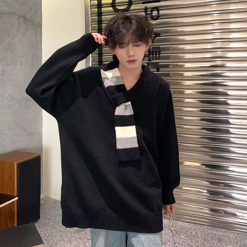 Winter Red Scarf Sweater Men Warm Fashion Casual Knitted Pullover Men Korean Loose Long Sleeved Sweater Mens Jumper Clothes