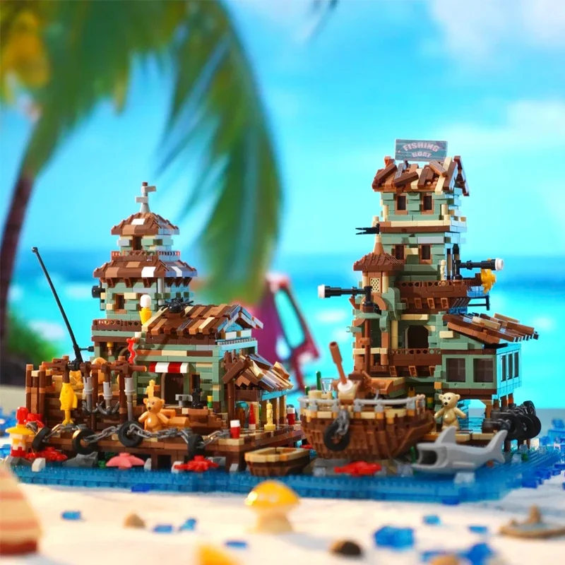 Fishing Village Cabin Micro Building Blocks Fish House Street View City Creative DIY Pier Set Mini Bricks Toys With Light