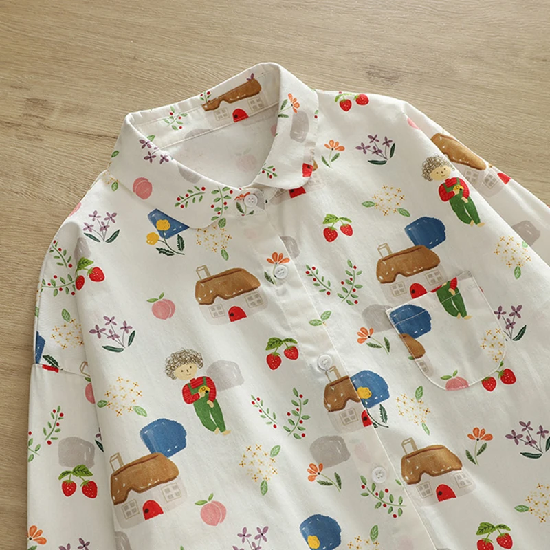 Spring Autumn Kawaii Cartoon House Print Cotton Shirt Women Clothing Loose Turn Down Collar Long Sleeved Shirts & Blouses U356