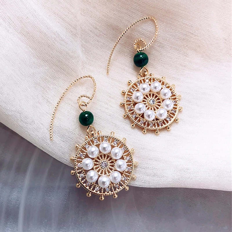Geometric Disc Earrings Temperament Pearl Earring Rudder Wheel Turntable Full Crystal Earrings Women's Jewelry Wholesale