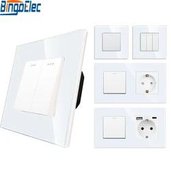 Light Switch LED Indicator white Crystal Glass Panel 1/2/3Gang Wall Push Button switch EU Socket With Switch 250V