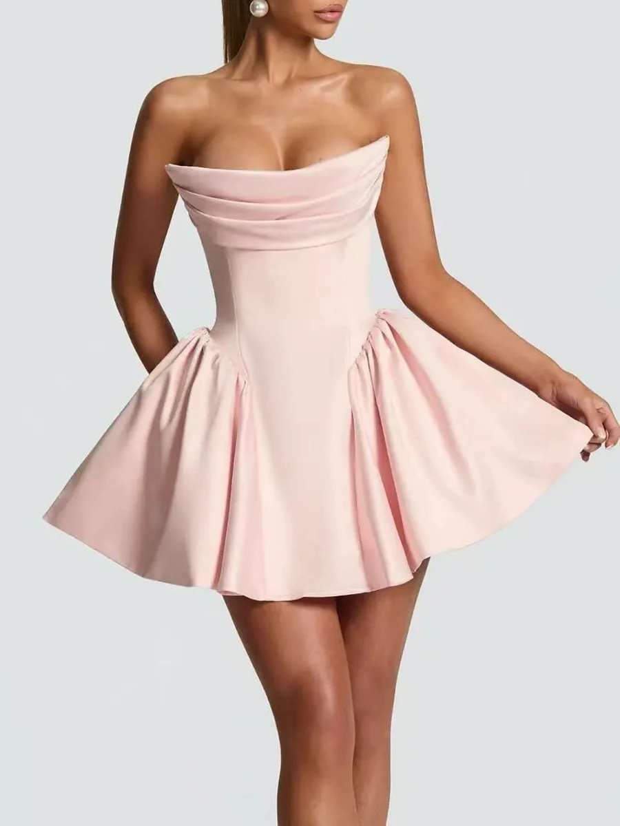 TWOTWINSTYLE Fashionable Outings Pink Strapless Mini Dress for Women Structured Bodice Flared Skirt for Chic Birthday Parties