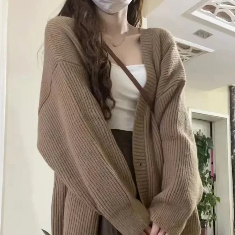 2024 New Preppy Style Women's Knit Sweater Cardigan Loose Fit V-neck Versatile Solid Color Korean Version Pullovers